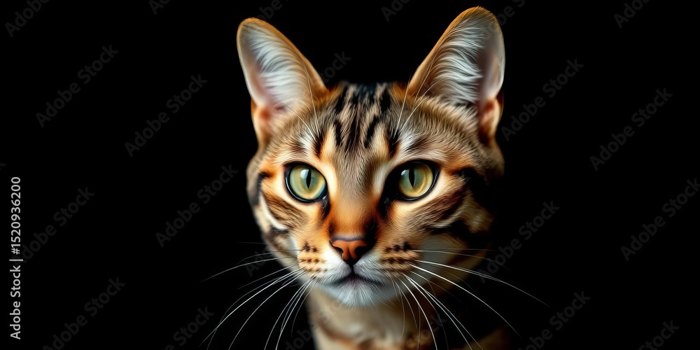 Obraz premium Close-up of a brown tabby cat's face against a stark black backdrop, sharp focus, eyes