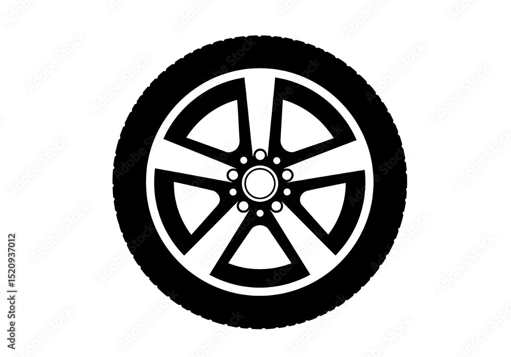 Obraz premium A black and white illustration of a car wheel with a five spoke rim on a white background space provided
