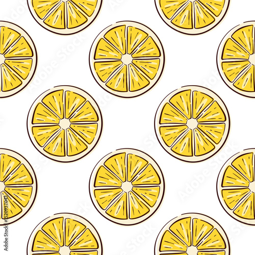 Seamless pattern of yellow lemon slice on white background in flat style. Fresh citrus fruit design for summer theme, packaging, fabric, print, kitchen decor and healthy food concept.