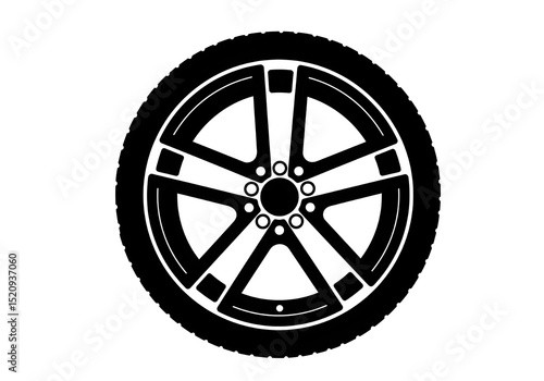 A black and white vector illustration of a car tire with a five spoke rim on a white background