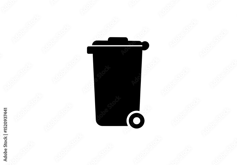 A black silhouette of a trash can with a lid and a wheel on a white isolated background in a simple style A black silhouette of a trash can with a lid and a wheel on a white isolated background in a simple style