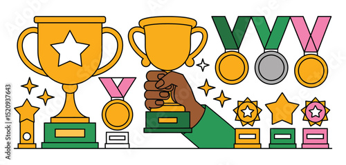 Winning Awards Trophies Medals and Stars Achievement Concept