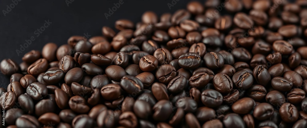 Fototapeta premium Close-up of dark roasted coffee beans against a black backdrop; ample copy space, dark roast, high resolution