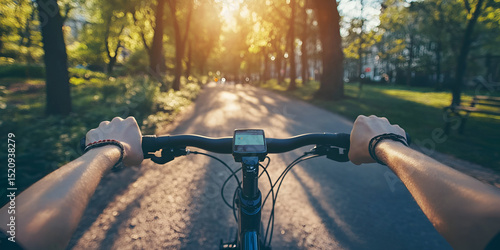 Cyclist Riding Bike Through Scenic Park Path at Sunset, Outdoor Exercise, Healthy Active Lifestyle
