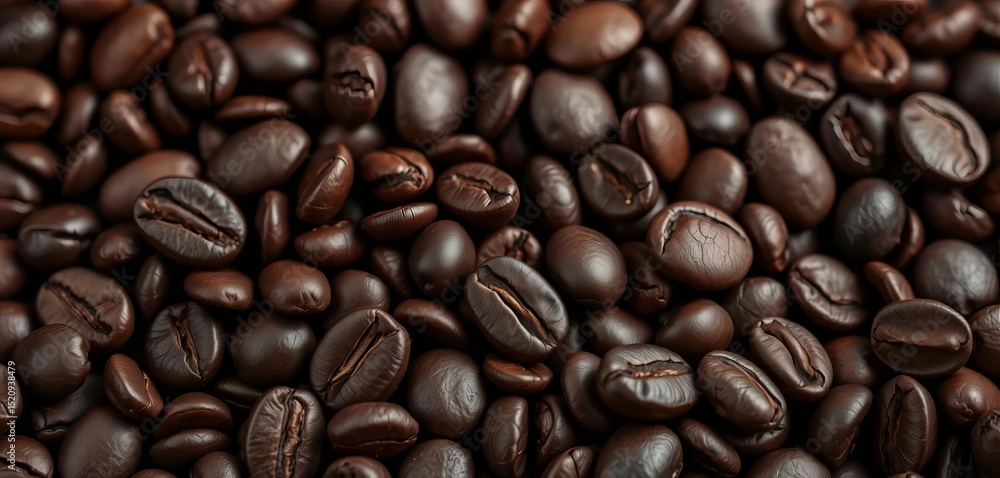 Fototapeta premium Close-up of dark roasted coffee beans, rich brown tones, on black background, black, organic