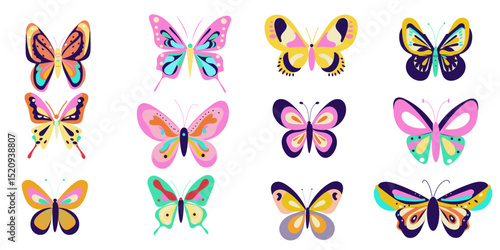 Trendy groovy butterfly set isolated, bright color, for stickers, element design