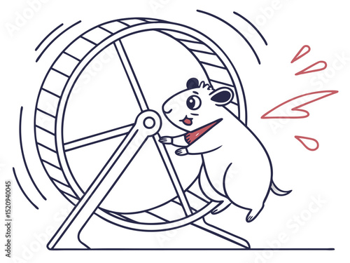 Cartoon hamster running tirelessly in an exercise wheel