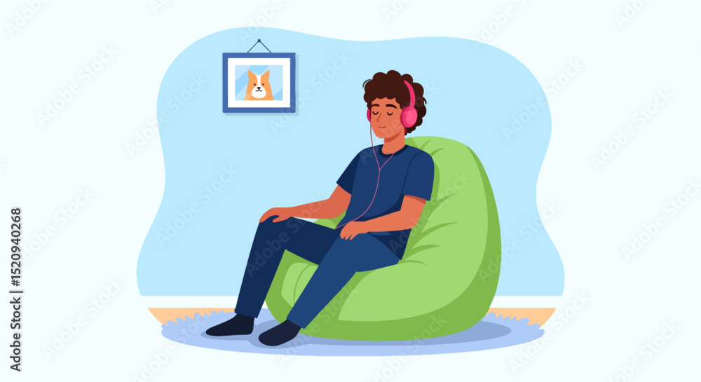 A person with headphones sits on a green beanbag chair in a relaxed pose, possibly listening to music for relaxation or enjoyment. A person with headphones sits on a green beanbag chair in a relaxed pose, possibly listening to music for relaxation or enjoyment.
