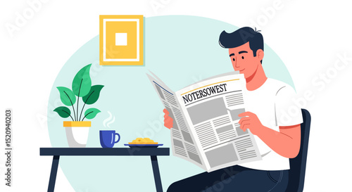 A man is reading the newspaper while having a coffee and some biscuits at home for relaxation.