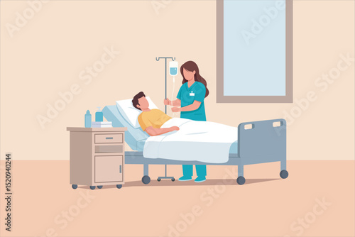 Illustration Nurse Caring for Patient in Hospital Room. female nurse adjusting an IV drip for a male patient lying in a hospital bed. Vector illustration.