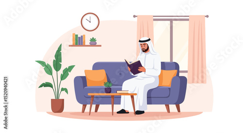 A man in traditional Arabic clothing is reading a book while sitting on a sofa in a living room, suggesting the image can be used to represent reading, relaxation, or Middle Eastern culture.