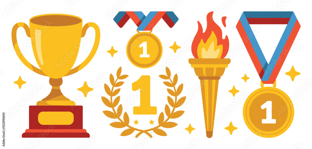First Place Winner Awards Trophy, Medal, Torch, and Laurel Wreath