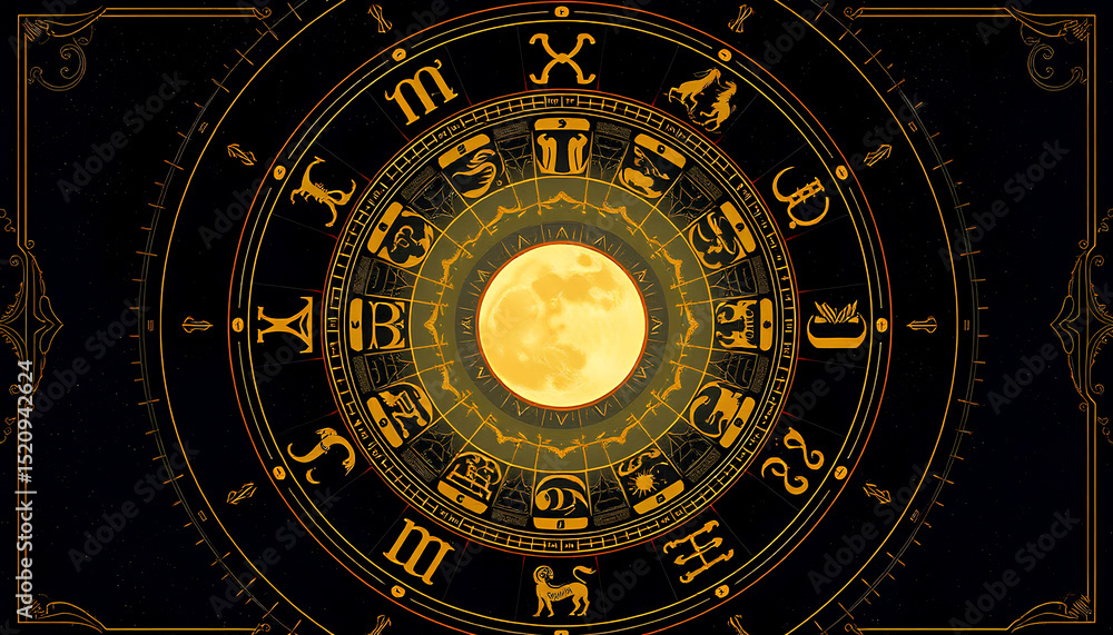 Obraz premium Elegant zodiac wheel with all 12 astrological signs arranged around a glowing moon, in a celestial vintage style with gold accents 2
