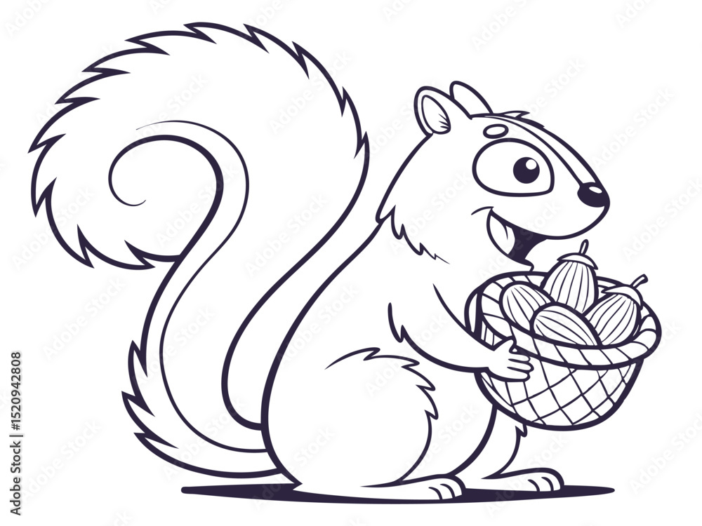 Obraz premium Cheerful squirrel holding a basket of acorns in outline style