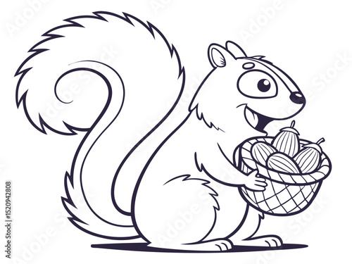 Cheerful squirrel holding a basket of acorns in outline style