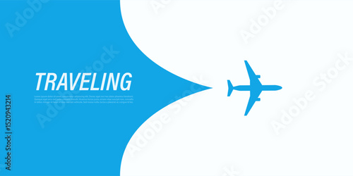 An Airplane Silhouette Opens Up the Translucent Cover Background Over the Text: Traveling. Blue Template Banner for Trip to Abroad or Vacation Web Ads. Discovering Around the World Travel Concept