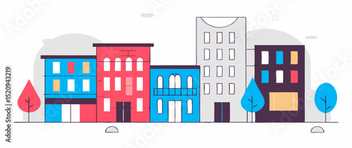Stylized Flat Vector Cityscape Illustration with Bold Colors and Geometric Building Shapes