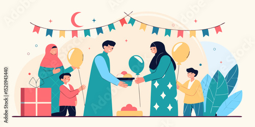 Eid al-Fitr Celebration at Mosque with Family in Festive Islamic Setting