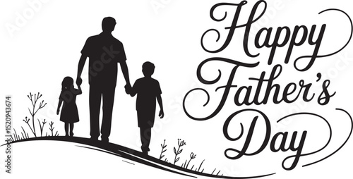 Black and White Father’s Day Silhouette Illustration of Family Walking on Curved Horizon

