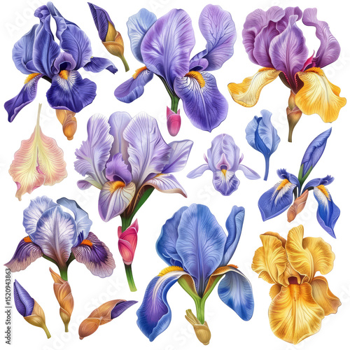 Watercolor Painting Of Iris Flowers. Floral Elements Isolated On White Background. Elegant Spring Bloom.