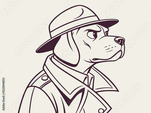 Detective beagle cartoon illustration wearing hat and trench coat