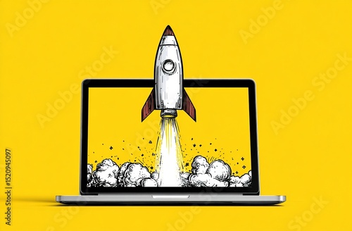 Laptop computer with rocket launching from screen. Tech innovation concept. Futuristic design. Digital illustration. Startup speed, progress. Laptop hardware, software. Rocket launch from computer