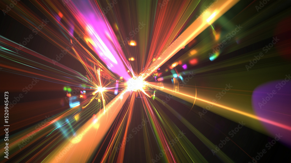 Obraz premium Multidimensional light beams refracting, abstract quantum physics visualization of energy and space.