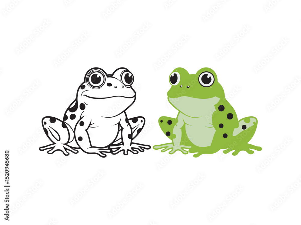 Cartoon illustration featuring a green frog and its outline for educational purposes Cartoon illustration featuring a green frog and its outline for educational purposes