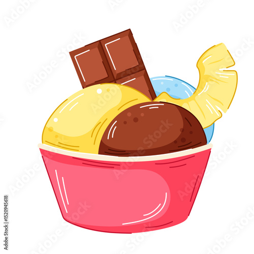 Colorful ice cream in pink bowl with mint, chocolate and lemon scoop topped with wafer chocolate bar and pineapple fruit in cartoon style. Perfect for dessert menu, packaging and sweet food design.