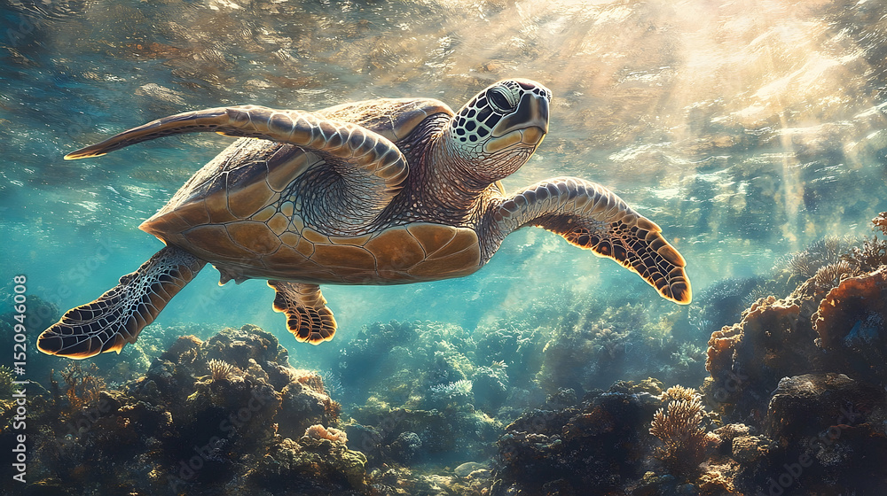 Obraz premium Majestic sea turtle gracefully glides through the coral reef.