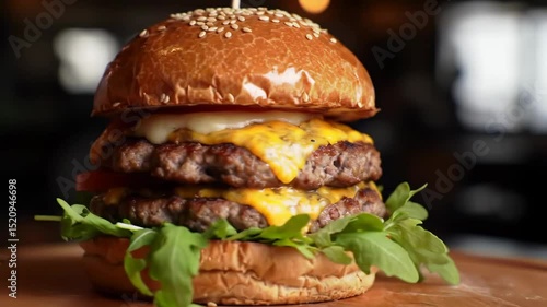 Wallpaper Mural Cinematic close-up of towering double cheeseburger on wood, orbiting and tilting camera motion Torontodigital.ca
