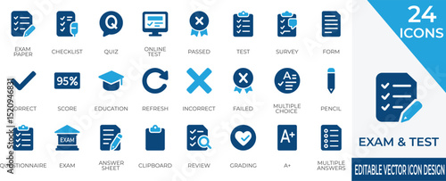 Comprehensive solid icon set covering exams, tests, quizzes, and grading essentials. Perfect for education apps, e-learning platforms, forms, and academic designs.
