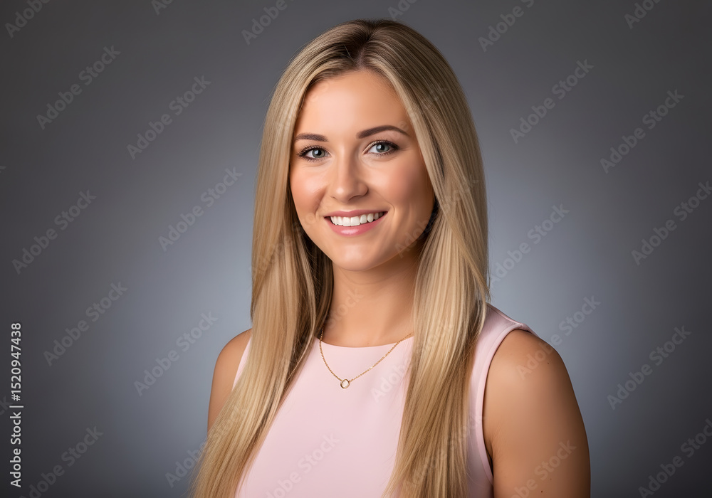 Obraz premium Cheerful blonde woman with long straight hair and flawless skin against a gray backdrop studio shot.