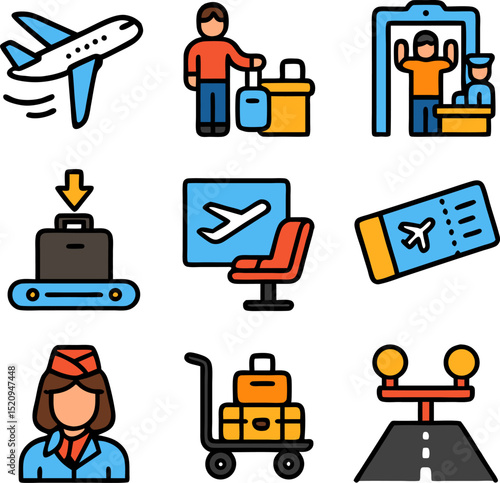 Icons of airport travel suitable for travel websites, brochures, and advertisements. Includes symbols like airplane, luggage, passport, and boarding pass.