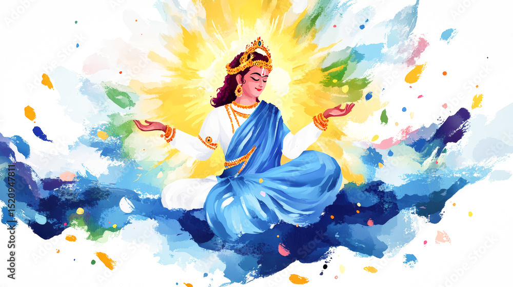 Naklejka premium Hindu God Radha Rani Colorful Abstract Painting Divine Love Spirituality Krishna Janmashtami Holi Festival Meditation Peace Harmony Religious Artwork Indian Mythology Deity Worship Traditional Art