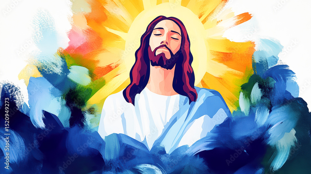 Fototapeta premium Jesus Christ Son of God Christian Religious Figure Painting Colorful Abstract Background Spiritual Hope Faith Divine Light Holy Savior Messiah Gospel Illustration Artwork Mural Modern Art