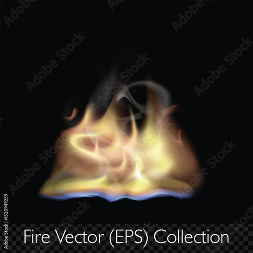 Realistic flame, fire with smoke, glowing sparkles and burning hit effects, vector (EPS), editable illustration on transparent background