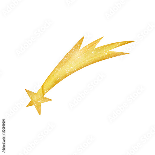Beautiful gold and yellow shooting star isolated object from a large set of space collection. Watercolor digital illustration. Cute for the kids design, decoration of clothes, room, interior, textile
