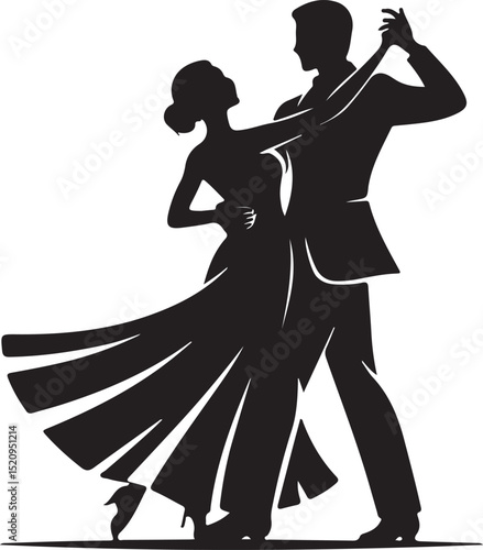 Refined Silhouette of a Ballroom Dance Duo in Poised Embrace with Elegant Gown and Tuxedo
