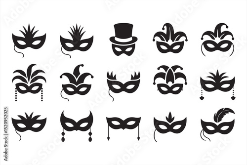 Carnival mask silhouettes with bold theatrical forms, mustaches, feathers, and jester caps in flat vector