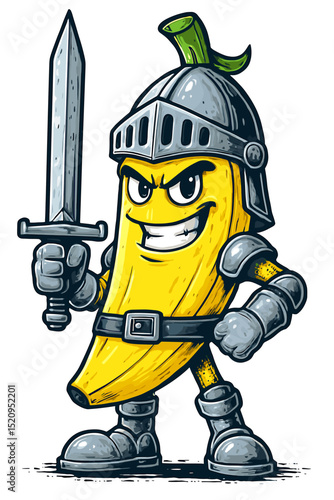 funny cartoon Banana in a knights costume , vector illustration