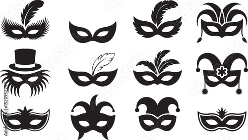 Elegant masquerade party mask vector icons in clean silhouette style for costume and carnival design themes