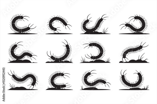 Sixteen creepy crawler silhouettes including centipedes, termites, and arthropods in flat minimal style