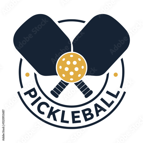 Modern Pickleball Emblem with Paddles and Ball, Stylish pickleball emblem design featuring two crossed paddles and a ball, ideal for sports branding, apparel, or event logos.

