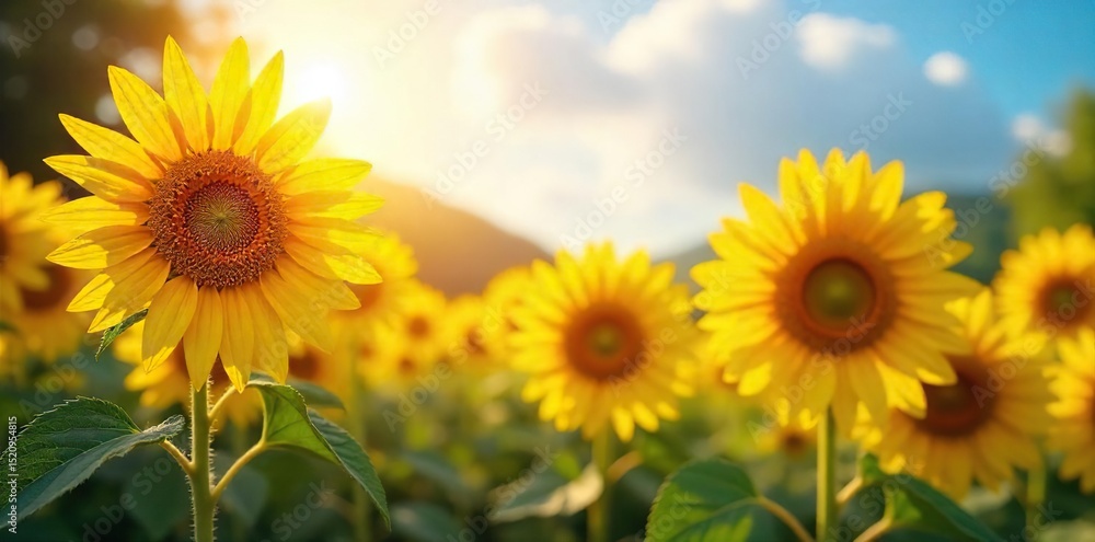 Obraz premium Vibrant sunflowers bask in the warm sunlight of a beautiful garden, their golden petals reaching for the sky A stunning display of nature's beauty, perfect for summer themes , tranquil, bloom