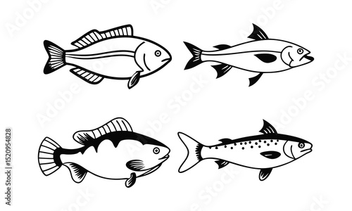 Collection of Black and White Fish Silhouettes for Marine Life Projects