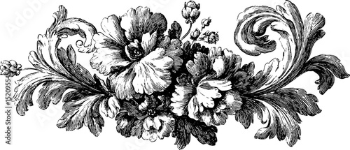 Vintage baroque floral bouquet engraving for elegant design