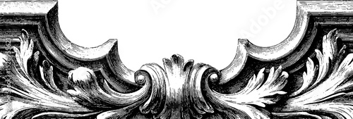Baroque manor facade engraving with ornate architectural details for decorative design