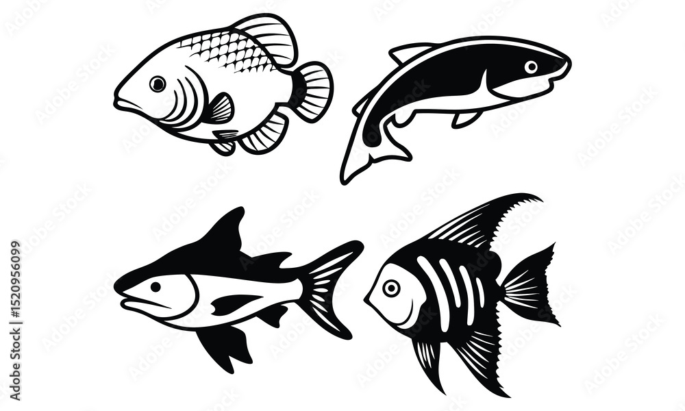 Fototapeta premium Collection of Black and White Fish Silhouettes for Marine Life Projects