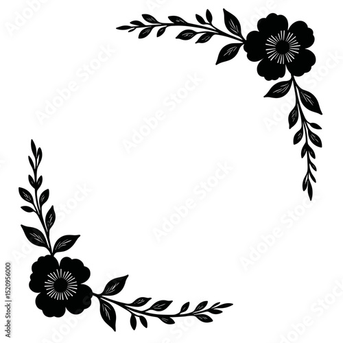 Elegant black floral corner frame with simple flowers and leaves.  Floral design element perfect for invitations or announcements.